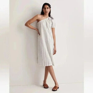 Madewell Seersucker One Shoulder Puff Sleeve Midi Dress Blue Stripe XXS NWT